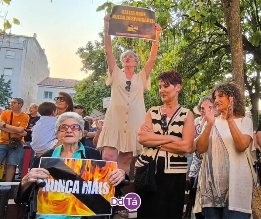 Pancartas durante a manifestaci&oacute;n contra a xesti&oacute;n dos lumes celebrada este xoves 21 de agosto en Ver&iacute;n.
