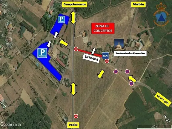 Mapa de aparcadoiros e accesos para a noite das actuaci&oacute;ns de Panorama e Par&iacute;s de Noia. | FOTO: Portecci&oacute;n Civil Ver&iacute;n.