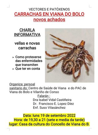 Cartel da charla informativa sobre carrachas en Viana do Bolo.