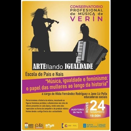 Cartel de "Música, igualdade e feminismo: o papel das mulleres ao longo da historia", que terá lugar mañá no Auditorio de Verín.
