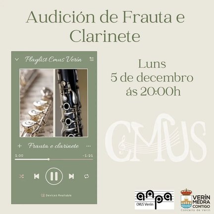 Cartel da audición dos alumnos de frauta e clarinete do CMUS.
