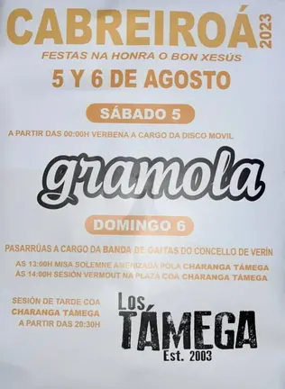 Festas de Cabreiro&aacute; na honra &oacute; Bon Xes&uacute;s o s&aacute;bado 5 e domingo 6 de agosto.