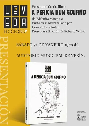 Cartel oficial da presentaci&oacute;n do libro "A pericia dun golfi&ntilde;o" no Auditorio Municipal de Ver&iacute;n.