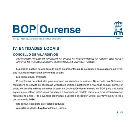 Captura de la publicaci&oacute;n oficial que regula el tr&aacute;mite para acceder a las seis viviendas sociales acondicionadas por el Concello.