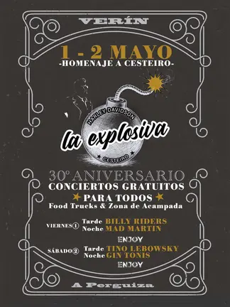 Cartel oficial de la trig&eacute;sima edici&oacute;n de "La Explosiva", que rinde tributo a la memoria de To&ntilde;o Cesteiro en Ver&iacute;n.