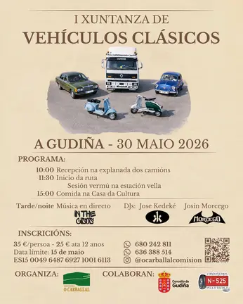 Cartel oficial de la I Xuntanza de Veh&iacute;culos Cl&aacute;sicos organizada por la comisi&oacute;n O Carballal para el d&iacute;a 30 de mayo.
