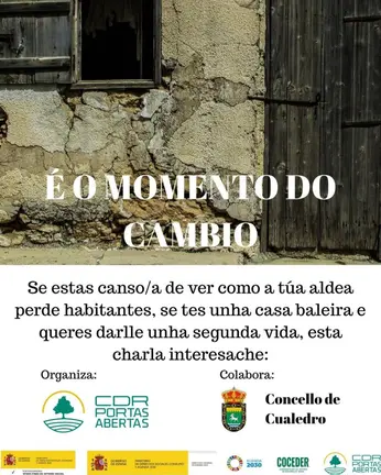 Cartel informativo del ciclo de charlas programadas en Cualedro para la recuperaci&oacute;n de casas deshabitadas.