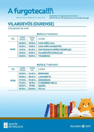 Calendario oficial de visitas da biblioteca m&oacute;bil furgoteca en Vilardev&oacute;s no mes de maio.