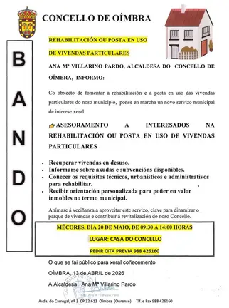 Bando municipal emitido por el Concello de O&iacute;mbra informando sobre el nuevo servicio de asesor&iacute;a t&eacute;cnica.