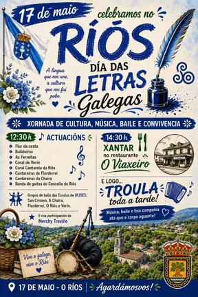 Cartel con la programaci&oacute;n detallada para el D&iacute;a das Letras Galegas en el municipio de Ri&oacute;s.