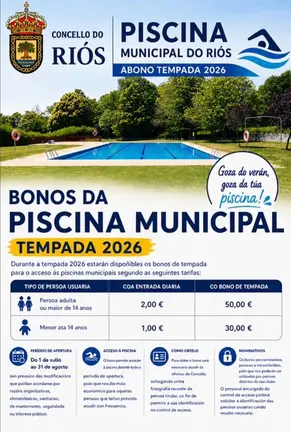Cartel informativo  do Concello do Ri&oacute;s coas tarifas e condici&oacute;ns de acceso para a tempada de ver&aacute;n de 2026.