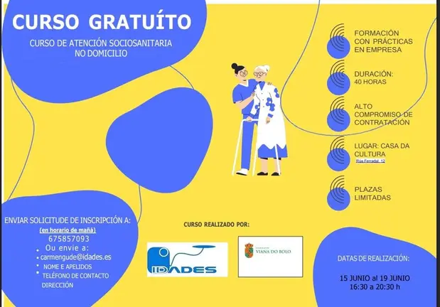 Imagen promocional del curso de atenci&oacute;n a domicilio que se celebrar&aacute; en la Casa da Cultura de Viana do Bolo.