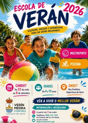 Cartel anunciador de la XVII Escola de Ver&aacute;n de Ver&iacute;n, organizada por el &Aacute;rea de Deportes del Concello, con actividades del 22 de junio al 8 de septiembre.