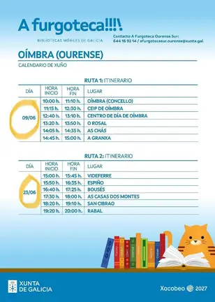 Cartel do calendario de xu&ntilde;o da Furgoteca en O&iacute;mbra, o servizo de Bibliotecas M&oacute;biles de Galicia promovido pola Xunta de Galicia.