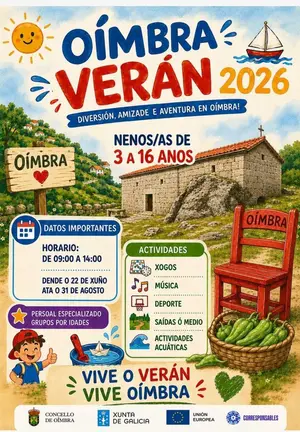 Cartel del programa O&iacute;mbra Ver&aacute;n 2026, impulsado por el Concello de O&iacute;mbra con el apoyo de la Xunta de Galicia y la UE a trav&eacute;s del programa Corresponsables.