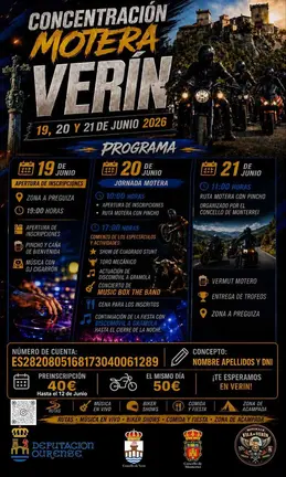 Cartel de la Concentraci&oacute;n Motera de Ver&iacute;n 2026, organizada por el Motoclub Vila de Ver&iacute;n con el respaldo de la Deputaci&oacute;n de Ourense y el Concello de Ver&iacute;n los d&iacute;as 19, 20 y 21 de junio.