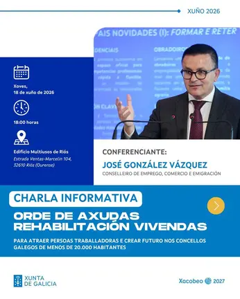 Cartel da charla informativa sobre a Orde de Axudas para Rehabilitaci&oacute;n de Vivendas, que se celebrar&aacute; o 18 de xu&ntilde;o no Edificio Multiusos de Ri&oacute;s.