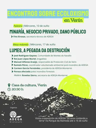 Cartel dos Encontros sobre Ecoloxismo organizados por ADEGA-Monterrei na Casa da Cultura de Ver&iacute;n, con sesi&oacute;ns o 10 e o 17 de xu&ntilde;o.