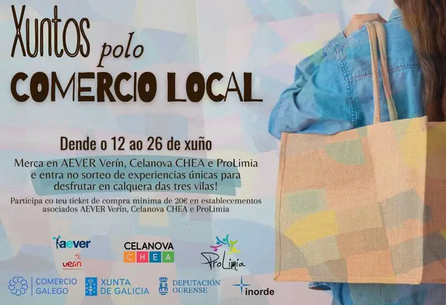 Cartel de la campa&ntilde;a "Xuntos polo comercio" que une a AEVER, Prolimia y Celanova CHEA.