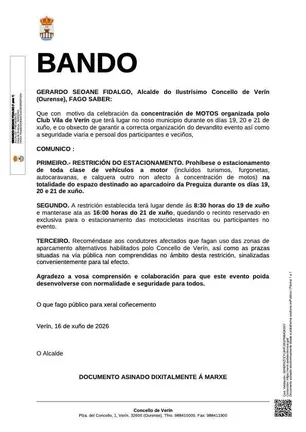 Bando del Concello de Ver&iacute;n con las restricciones de aparcamiento por la concentraci&oacute;n de motos del Club Vila de Ver&iacute;n.