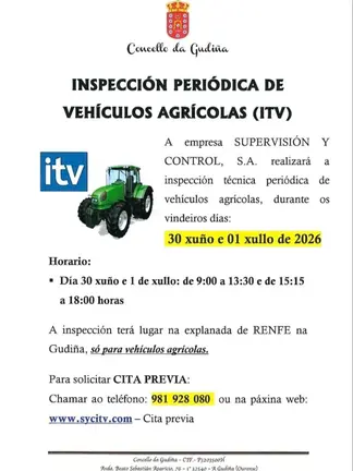 Cartel del Concello da Gudi&ntilde;a anunciando el calendario de la ITV agr&iacute;cola peri&oacute;dica.