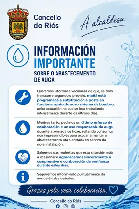 Bando oficial emitido por el Concello do Ri&oacute;s donde se detallan las restricciones de agua nocturnas.