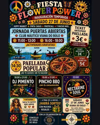 Cartel de la Fiesta Flower Power que inaugura la temporada de verano en Viana do Bolo.
