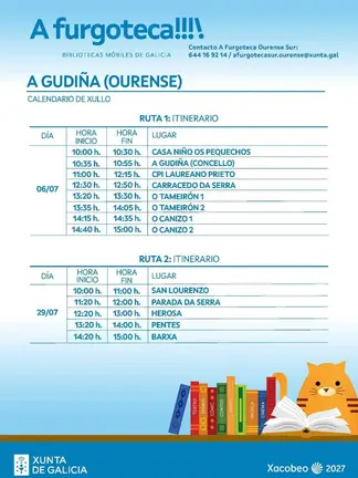 Calendario de xullo da Furgoteca na Gudi&ntilde;a, coas s&uacute;as d&uacute;as rutas por parroquias do concello.