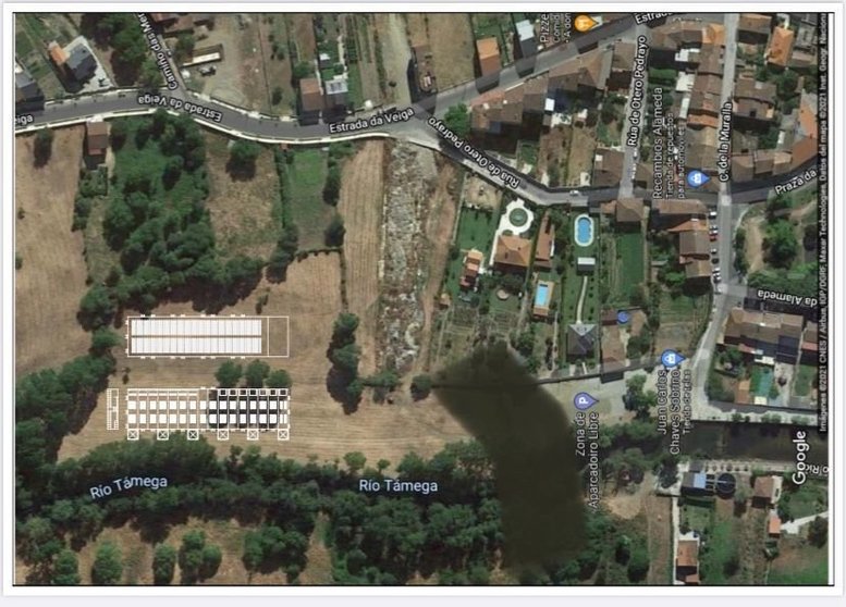 Vista aérea do parque da Preguiza, coa localización das carpas abaixo á esquerda (en branco).
