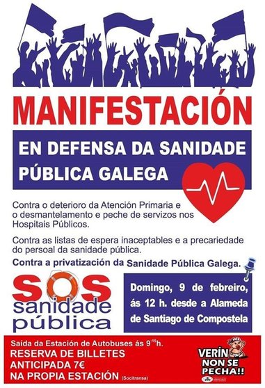 Cartel da vindeira manifestación en defensa da sanidade pública galega en Santiago de Compostela.