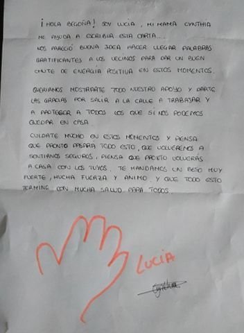 La carta que la pequeña Lucía envió a Begoña, guardia civil destinada en la comunidad madrileña.