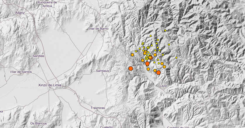 Os corenta e un terremotos rexistrados no concello de Laza nunha semana. | FOTO: Instituto Xeográfico Nacional