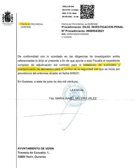 Requerimiento de la Fiscalía Provincial de Ourense.