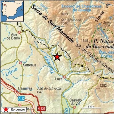 Mapa del epicentro del primero de los terremotos registrados este domingo en Laza.