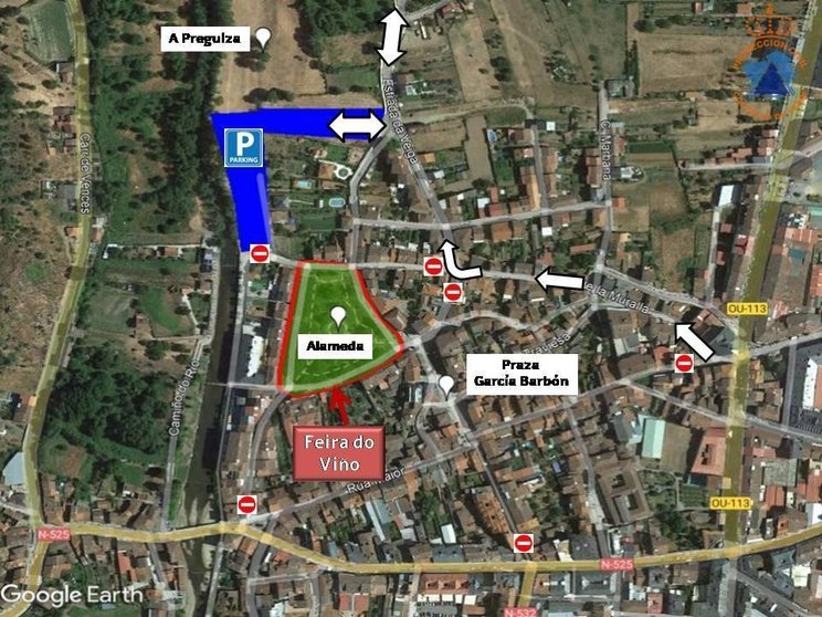 Mapa de los accesos a los estacionamientos de la Feira do Viño de Monterrei.