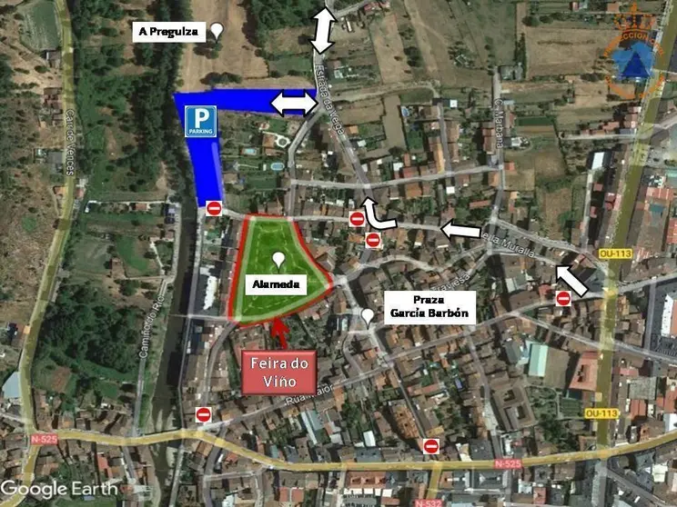 Mapa de los accesos a los estacionamientos de la Feira do Vi&ntilde;o de Monterrei.