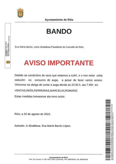 Bando no que se avisa dos cortes de auga en Riós, asinado pola alcaldesa, Eva Barrio.