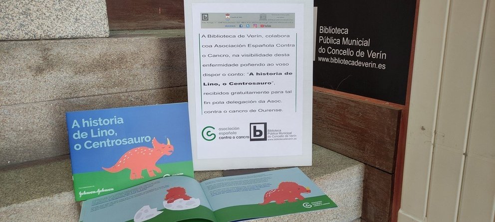 Exemplar do conto “A historia de Lino, o Centrosauro", dispoñible na Biblioteca de Verín grazas a AECC.