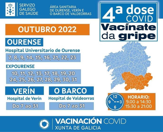 Calendario para a vacinación da cuarta dose da covid na área sanitaria.