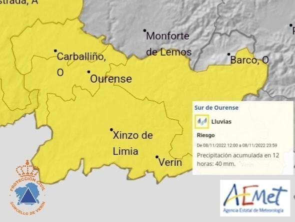 Mapa do aviso amarelo por choiva. | PROTECCIÓN CIVIL VERÍN.
