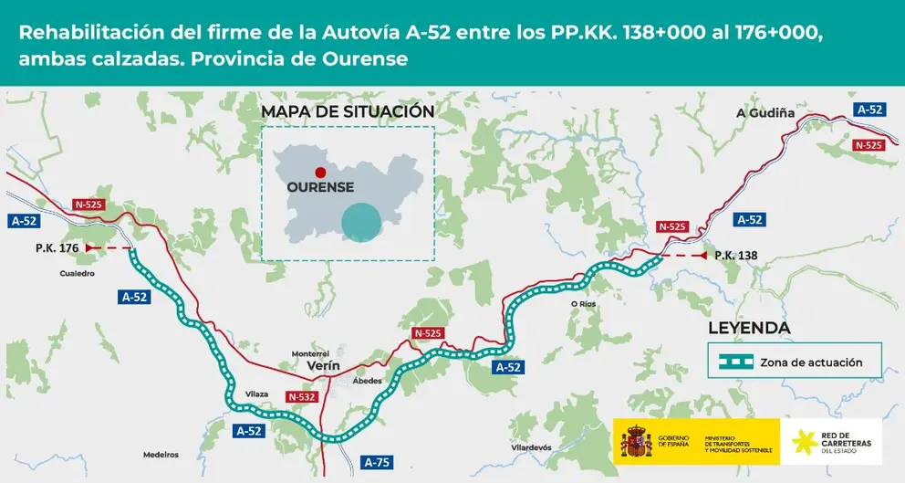 Mapa donde se ejecutar&aacute;n las reformas del firme en la A-52.