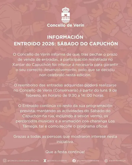 Comunicado emitido por el Concello de Ver&iacute;n anunciando la cancelaci&oacute;n del Xantar y los plazos de devoluci&oacute;n.