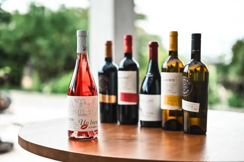El primer rosado de Ladairo, "Un Bico", con el resto de "compa&ntilde;eros" de bodega. | FOTO: Noelia Caseiro.