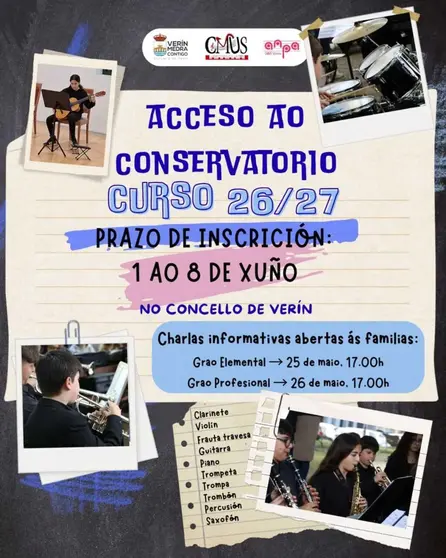 Cartel informativo sobre o acceso ao Conservatorio Municipal de M&uacute;sica de Ver&iacute;n para o curso 2026/27.