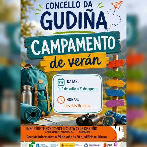 Cartel del Campamento de Ver&aacute;n del Concello de A Gudi&ntilde;a, con inscripciones abiertas hasta el 26 de junio.