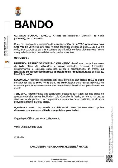 Bando del Concello de Ver&iacute;n con las restricciones de aparcamiento por la concentraci&oacute;n de motos del Club Vila de Ver&iacute;n.