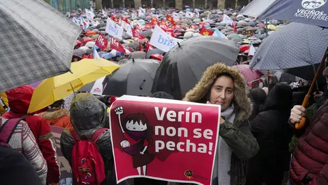 A doutora Carme Sola, sostendo un cartel de "Ver&iacute;n non se pecha" na praza da Quintana compostelana.