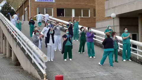 Los sanitarios del hospital de Ver&iacute;n, aplaudiendo a los transportistas.
