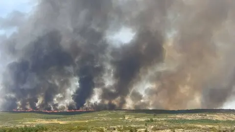 Las llamas acaban de entrar en territorio nacional, en A Mezquita. | FOTO: Mar&iacute;a Jos&eacute; Ceballos.