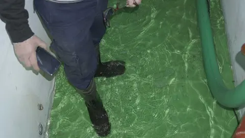 Al operario municipal del Concello de Ver&iacute;n, el agua le llegaba ayer por las rodillas. |  FOTO: Iv&aacute;n Iglesias.